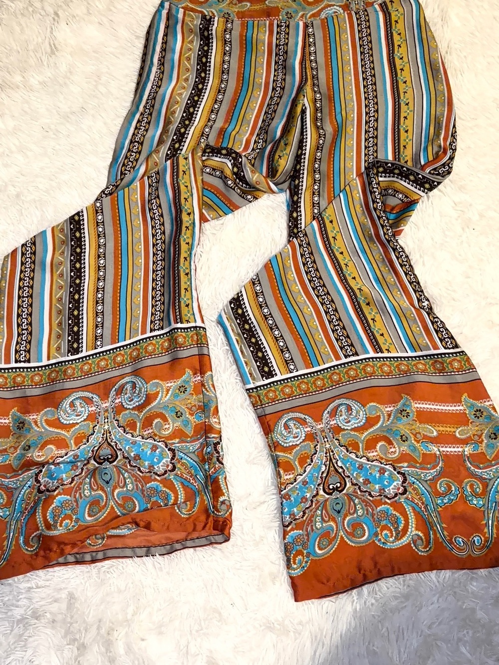 Boho Stripe & Paisley Flare Pants in Rust Multi